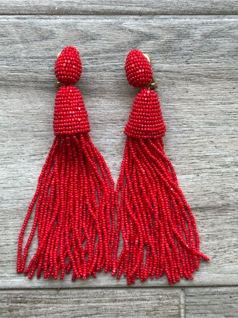 Oscar de la Renta Red Beaded Tassel Statement Earrings - Picture 2 of 5